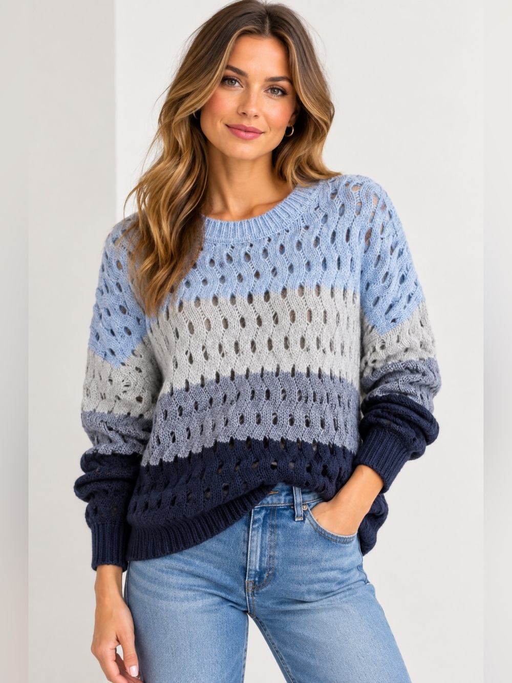 Charlie B NWT Open-Knit Colorblock Striped Crew Neck Sweater Size Tall XL